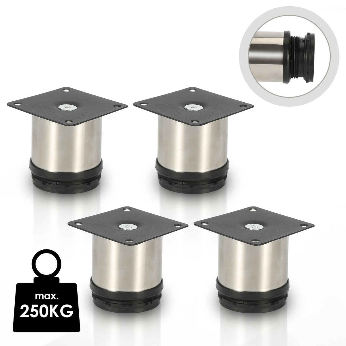 Edelstahl Möbelfüße 4er Set,Runde Möbelfuß Sockelfuß,Höhe 50/60/80/100/120/150/180/200mm,Höhenverstellbar:15mm,Belastbar bis 250 Kg,Geeignet für Sofa, Bett, Nachttisch, Schrank