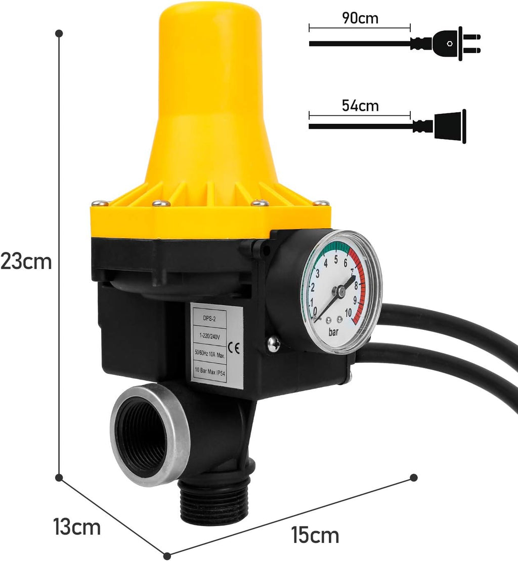 Pumpensteuerung mit Manometeranzeige, Druckwächter, 10 bar, elektronischer Druckschalter für Hauswasserversorgungsanlagen und Gartenpumpen