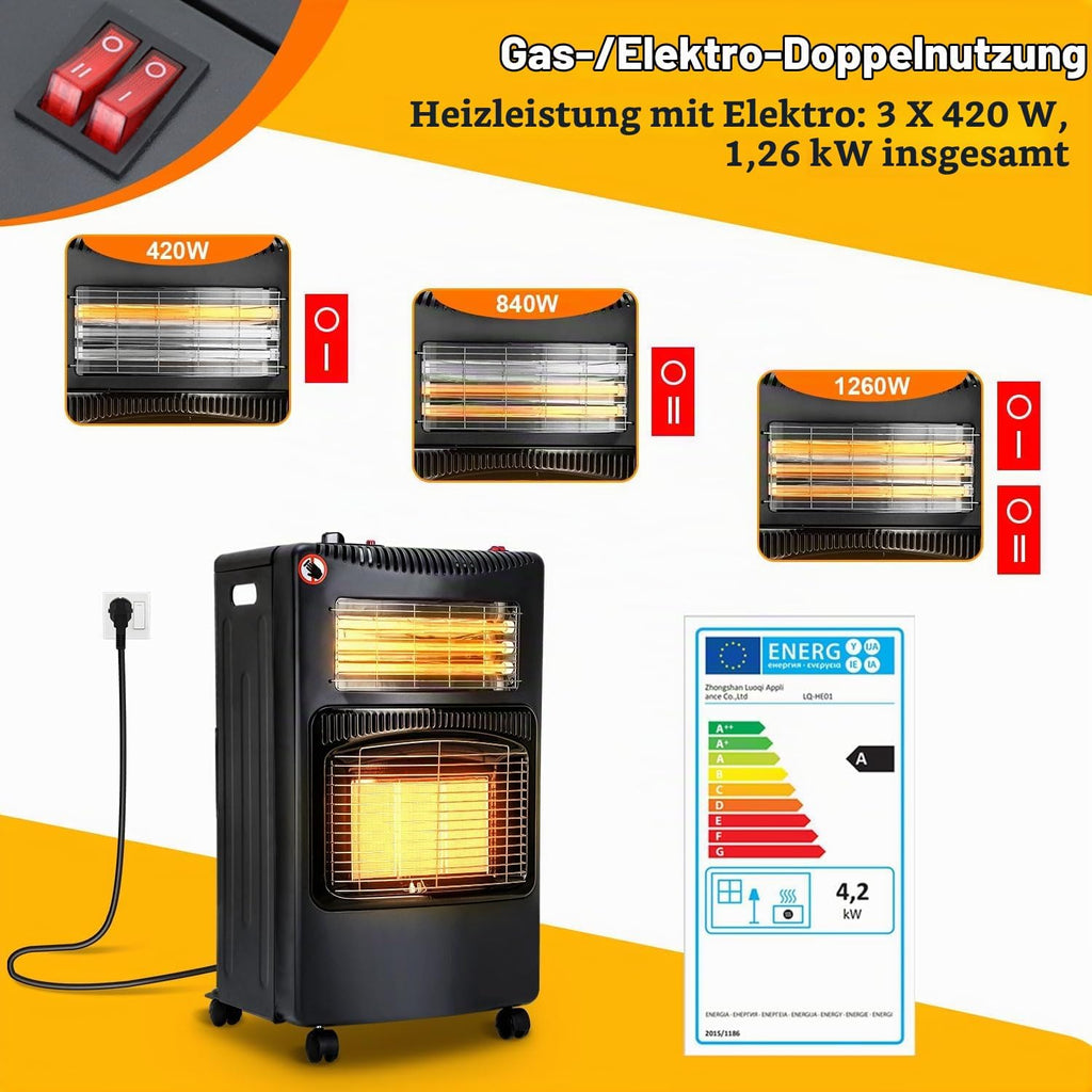 Gasheizer 4200W, Elektroheizung 1260W, Infrarot Keramikbrenner, Gas Heizstrahler inkl. Gasdruckregler & Gasschlauch, Gasheizofen, Butan- oder Propangasflaschen bis 15kg