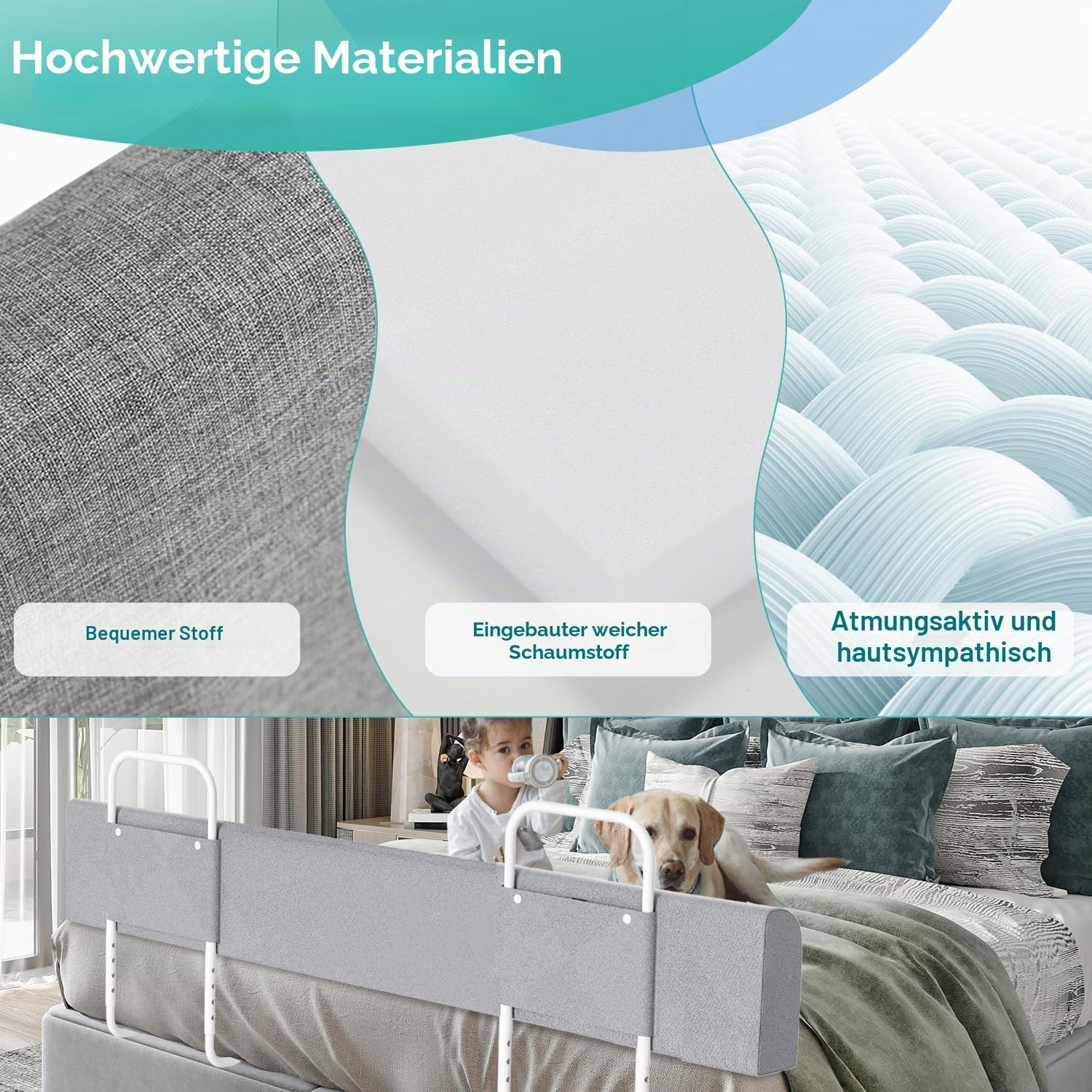 Kinderbettgitter, 150/180/200 cm, Sicherheitsgitter für Babybetten, in 5 Stufen höhenverstellbar, weiches Gitter zum Schutz vor Stürzen, geeignet für Familienbetten und Babybetten, grau
