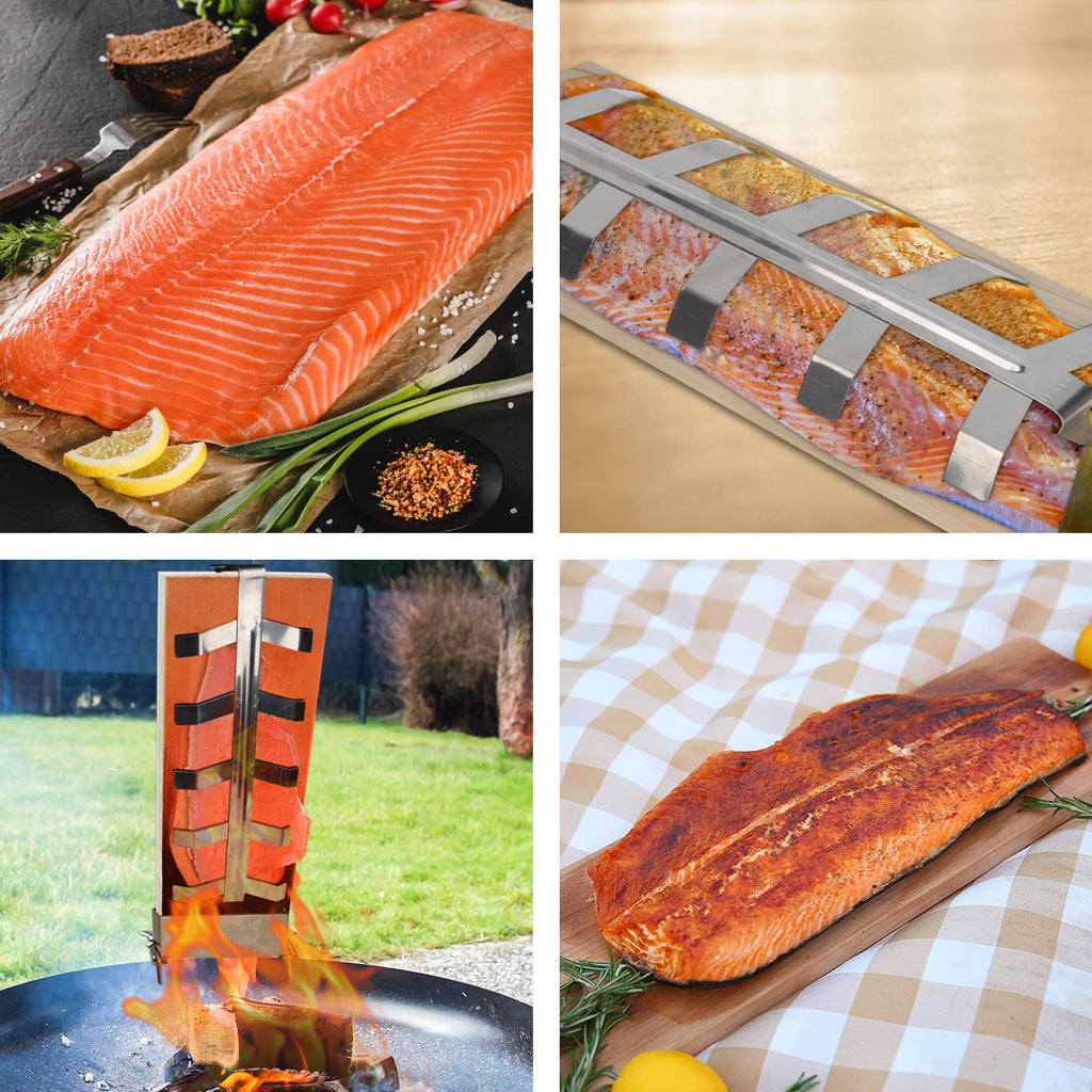 Wiederverwendbares Flammlachsbrett 2/4 Stück mit Edelstahlhalterung, Tannenholz Lachsbrett für Feuerschale & Grill, Verstellbarer Flammlachs Halterung für BBQ und Outdoor Camping