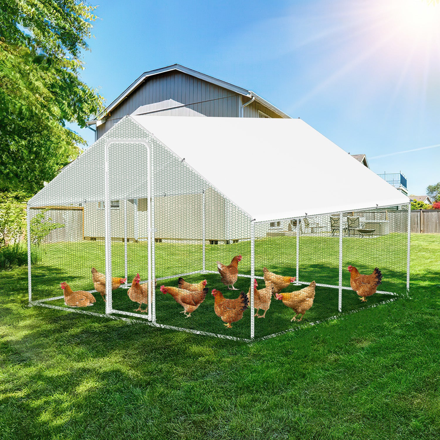 XXL-Modell mit Schloss – 300 x 300 x 200 cm – verzinkter Stahl – Hühnerstall aus verzinktem Stahl mit Sonnenschutzdach und Hühnerklappe – Außengehege – für Tiere geeignet