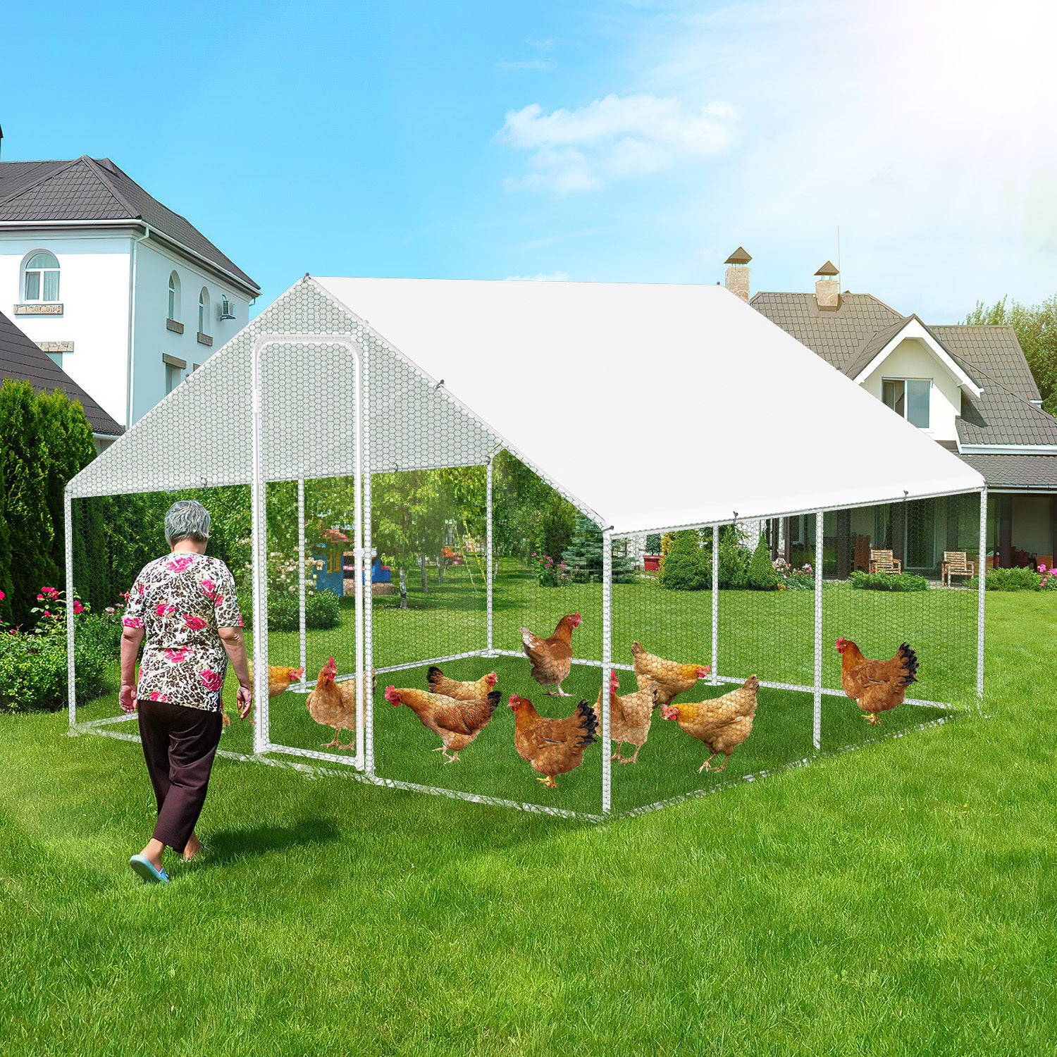 XXL-Modell mit Schloss – 300 x 300 x 200 cm – verzinkter Stahl – Hühnerstall aus verzinktem Stahl mit Sonnenschutzdach und Hühnerklappe – Außengehege – für Tiere geeignet