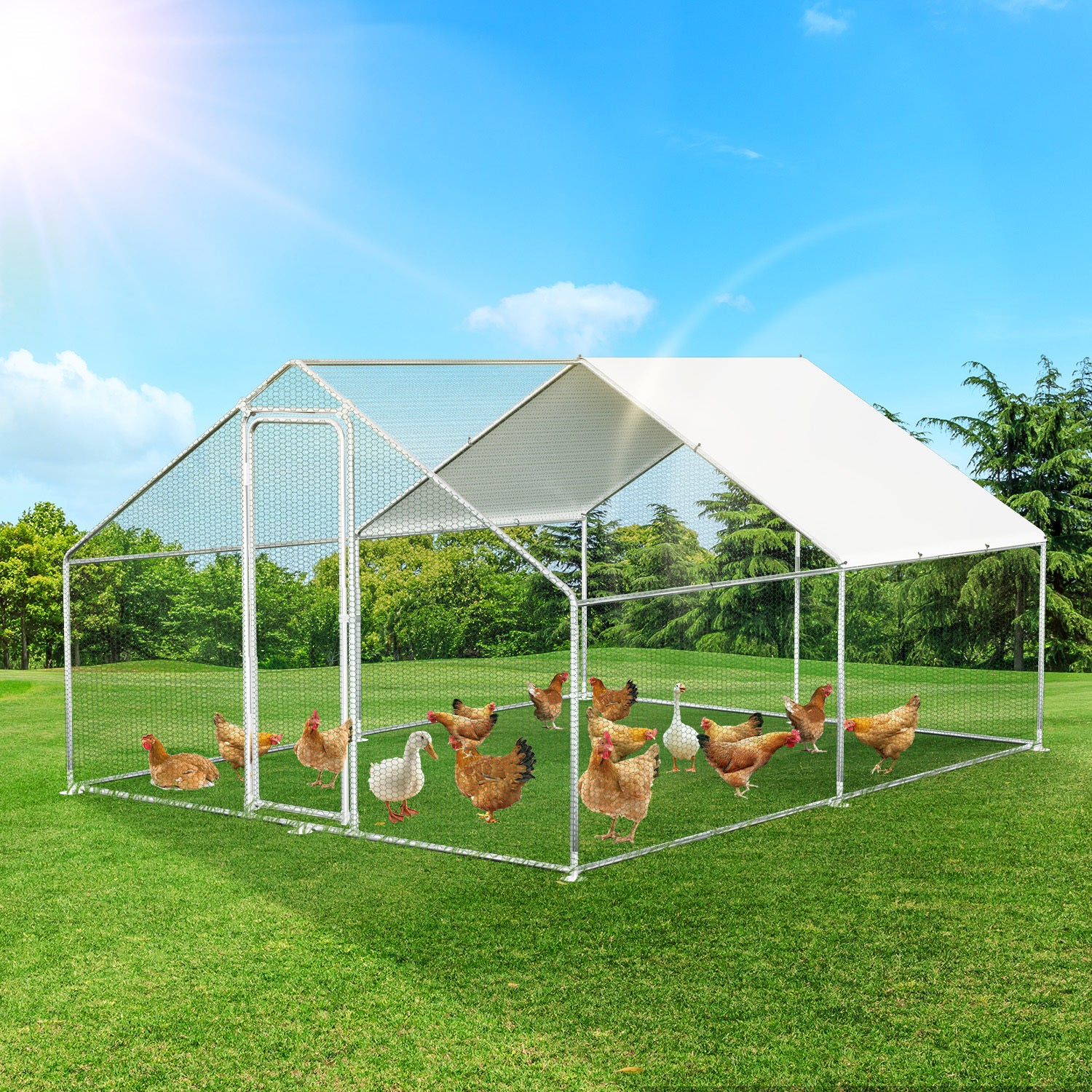 3 × 4 × 2 Meter großer Hühnerstall für den Außenbereich – Geflügelstall aus verzinktem Stahl mit Kuppeldach, geeignet für Hühner, Kaninchen, Gänse, Tauben und Wachteln, mit Metallzaun mit Maschen