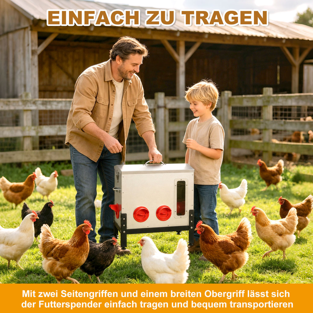 Automatischer Hühnerfutterbehälter mit 18 kg Fassungsvermögen, 6 Futterauslässen, aus verzinktem Metall