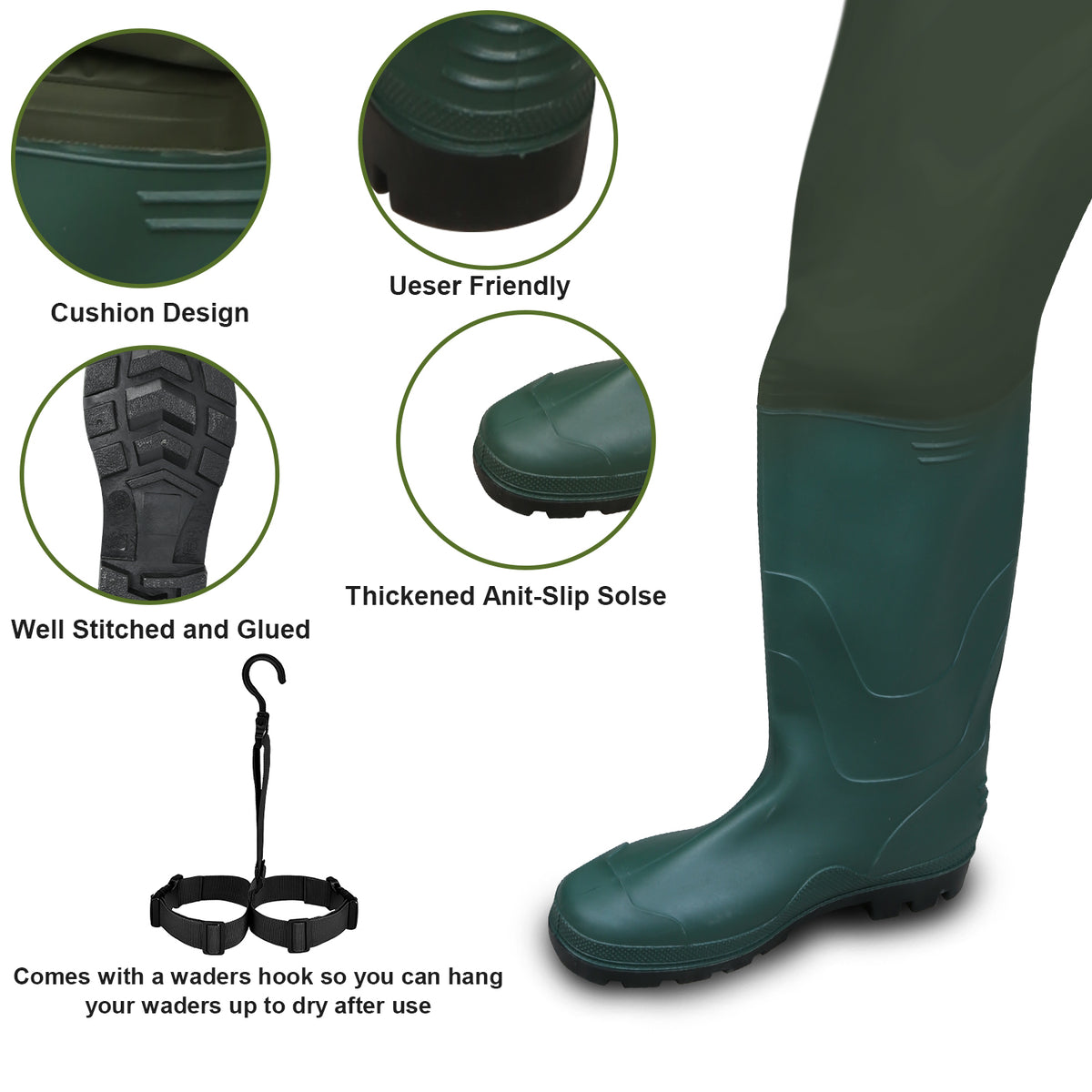 Wathose Herren Größen 42-47, Anglerhose 70D Nylon mit Stiefel, PVC Watthosen Wasserdichtl mit Haken, Angelhose mit Verstellbarer Schultergurt, Fischerhose für Baustellen, Gärten