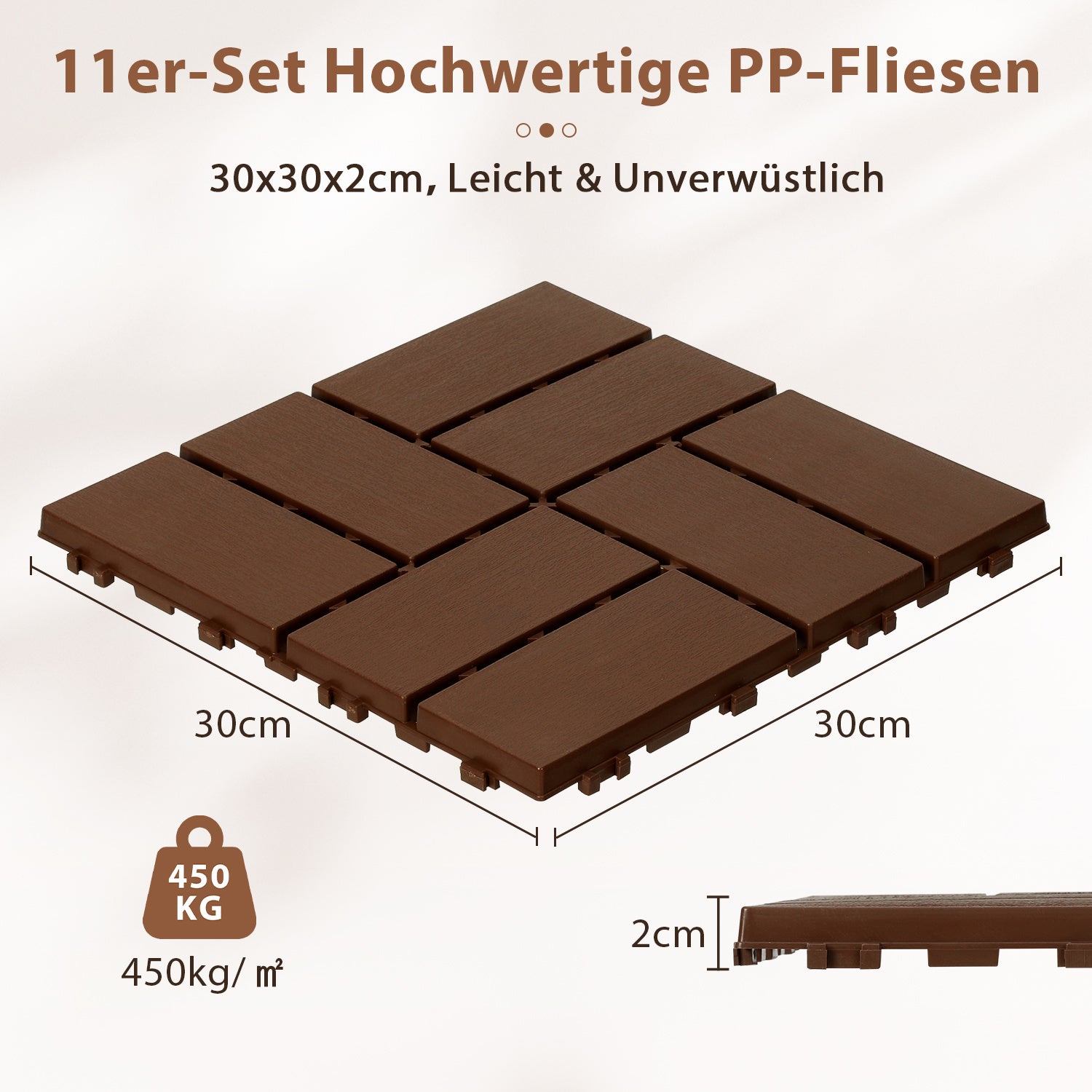 Polypropylen-Terrassenfliesen im Puzzle-Design, 30 x 30 cm, anthrazitgrau/rotbraun, aus Kunststoff | Witterungsbeständig, rutschfest, einfach zu verlegen, geeignet für Terrassen, Balkone und Gärten, leicht zu reinigen, Kunststoffboden, 1–5 Quadratmeter