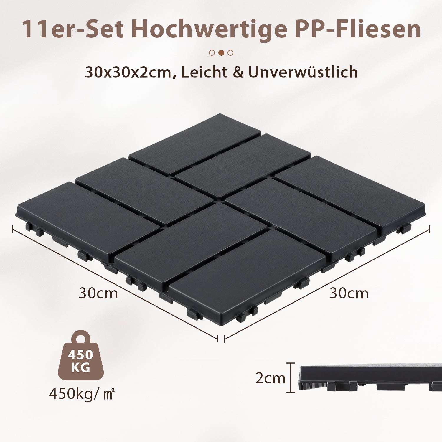 Polypropylen-Terrassenfliesen im Puzzle-Design, 30 x 30 cm, anthrazitgrau/rotbraun, aus Kunststoff | Witterungsbeständig, rutschfest, einfach zu verlegen, geeignet für Terrassen, Balkone und Gärten, leicht zu reinigen, Kunststoffboden, 1–5 Quadratmeter