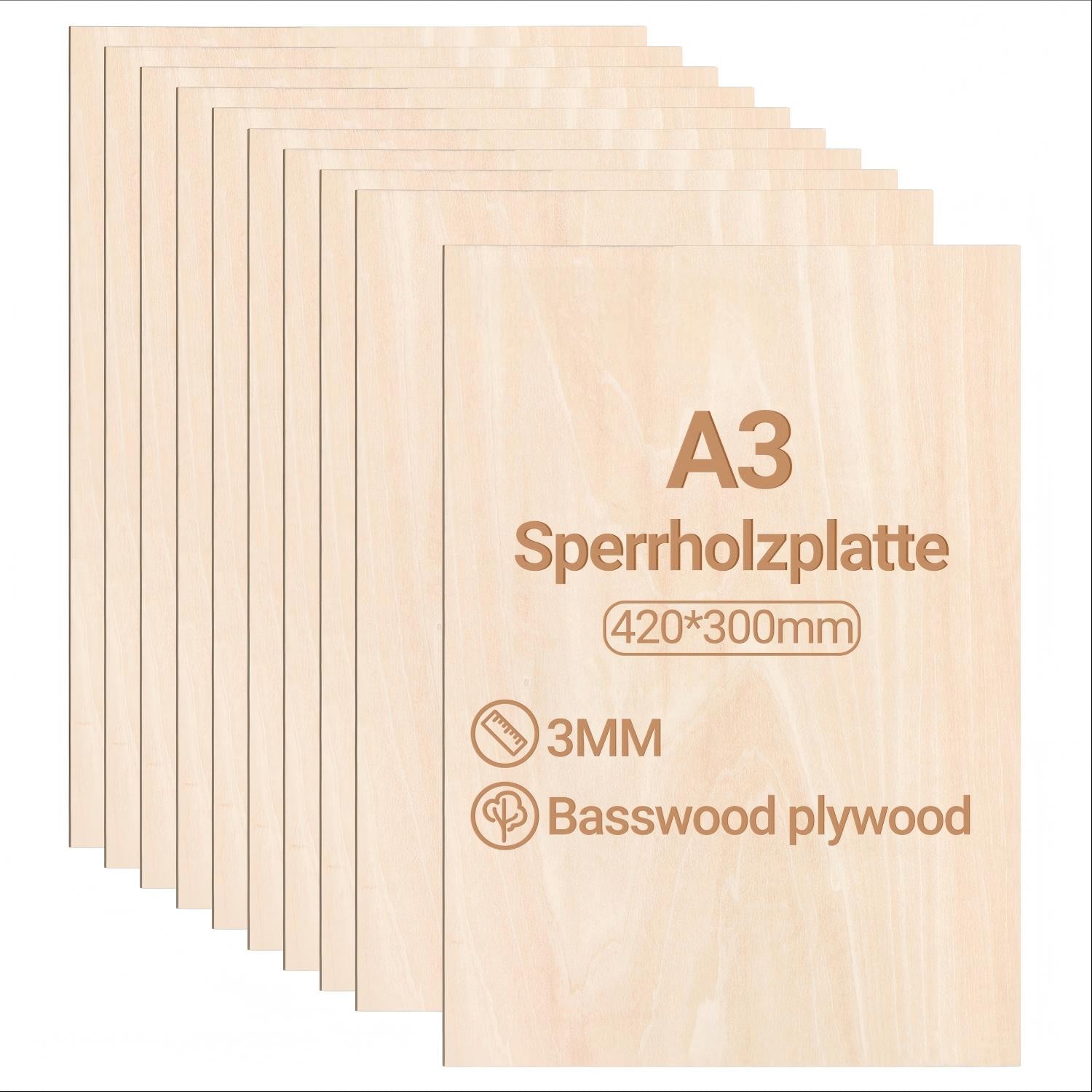 3 mm Sperrholz, 420 x 300 mm, Lindenholz, nach Craft Woods-Maßen zugeschnitten, Holz für den Modellbau, Laserschneiden, Lasergravur, Brandmalerei, Malerei, Heimwerken, Ölmalerei