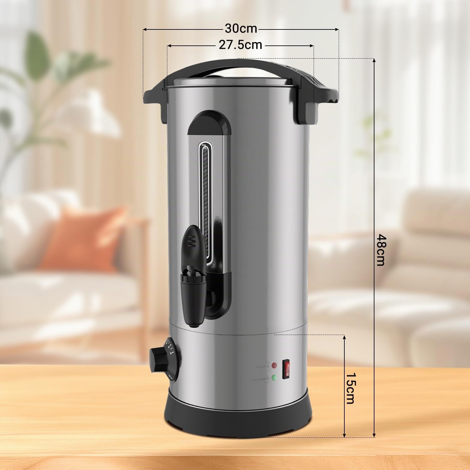 Glühweinkocher 10L, 1500W Glühweinkocher mit Zapfhahn Thermostat,Glühweintopf Edelstahl mit Wasserstandsanzeige, Einstellbare Temperatur von 30-110°C,Heißgetränkeautomat 10x Becher,Silber