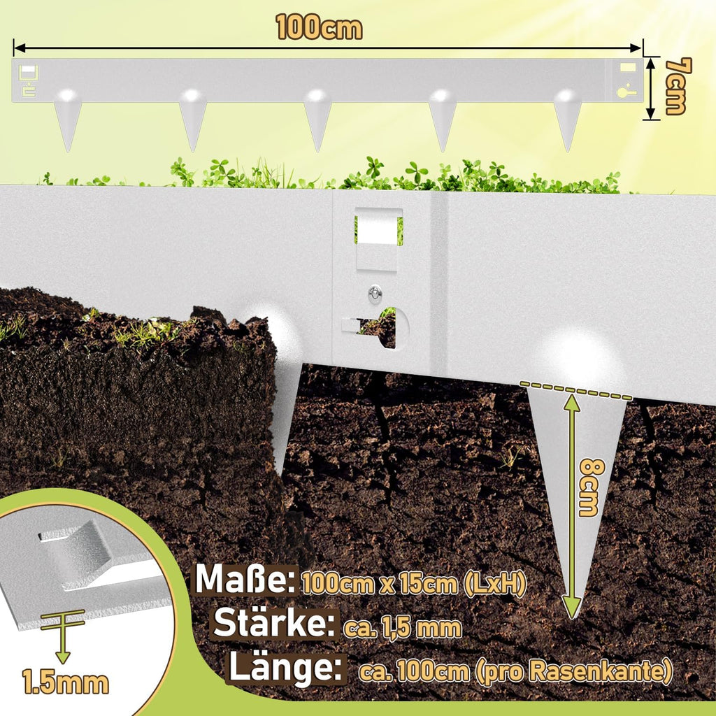 Rasenkante mit Dornen, 100x15cm Rasenkante Metall Beetumrandung, Beeteinfassung Flexible Verformbar Metall Palisade für Garten Bauernhof, Silber/Schwarz