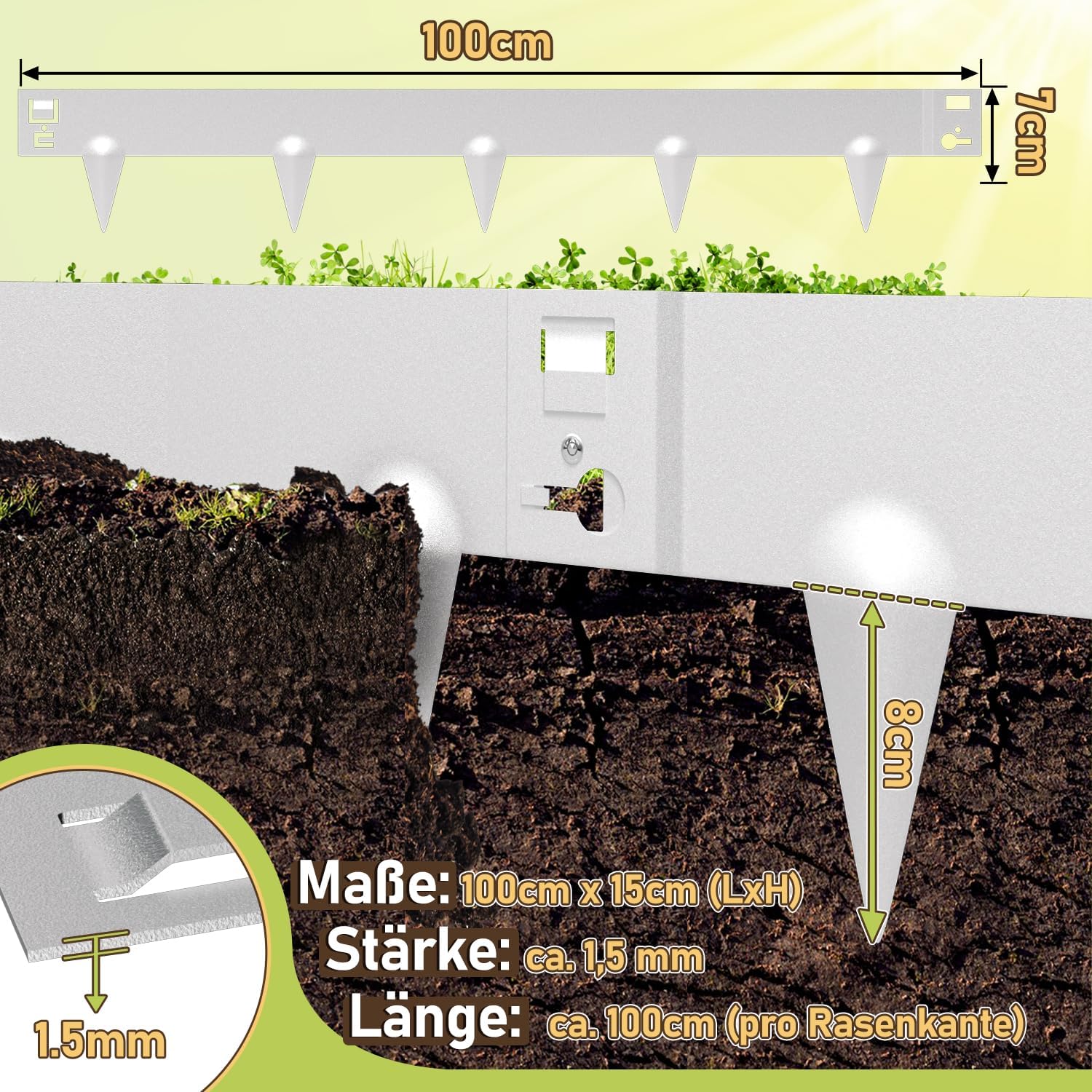 Rasenkante mit Dornen, 100x15cm Rasenkante Metall Beetumrandung, Beeteinfassung Flexible Verformbar Metall Palisade für Garten Bauernhof, Silber/Schwarz