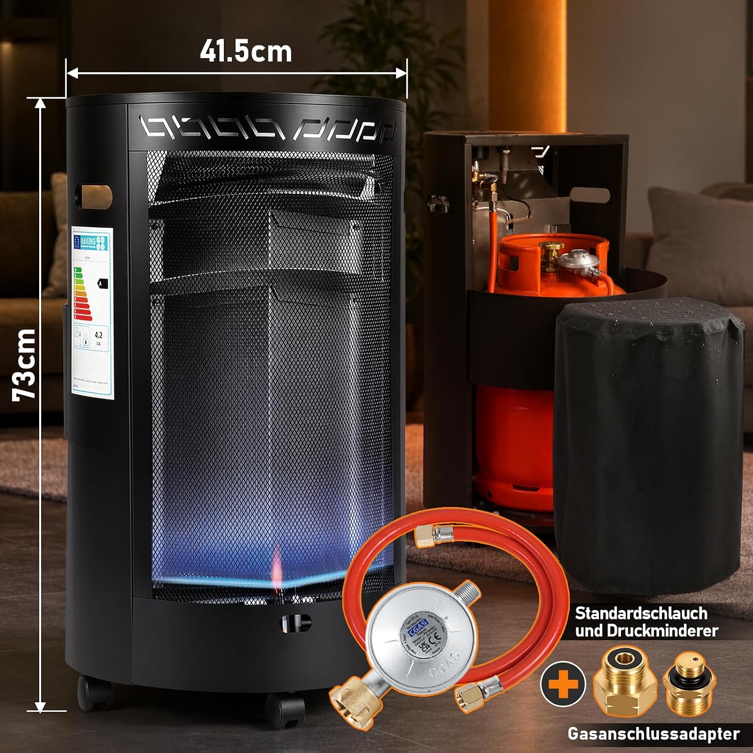 Gasheizung für Innenräume 4200W, Gasofen, 2 Stufen, 2 EU-Adapter Gasheizer mit Dreieckbrenner, Druckregler, Gasschlauch und 2 EU-Adaptern für Balkon, überdachte Terrasse und belüftete Räume
