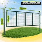 Doppelflügeltore, 300x100cm/350x100cm Metall Gartentor, Gartenzaun Zaun inkl. Griff, Schloss und 3 Schlüsseln, Robust Gartentür für Zauntür, Hoftor, Zauntor, Rundrohr, Grün/Anthrazit