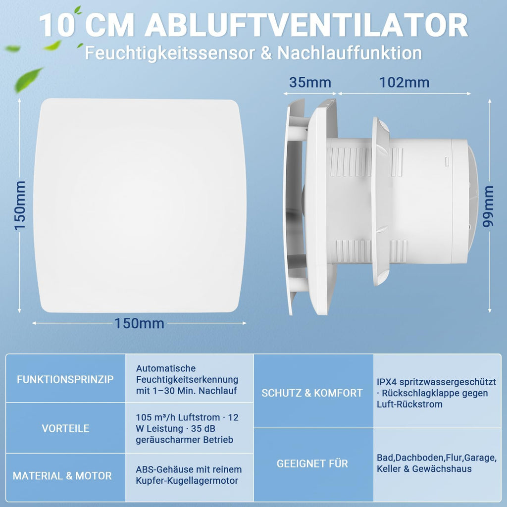100/150-mm-Badventilator mit Feuchtigkeitssensor und Zeitschaltuhr, Schutzklasse IPX4, mit Rückschlagventil, 5 m Anschlusskabel, 35 dB, geeignet für Badezimmer, für Wand-, Glas- und Deckenmontage, weiß