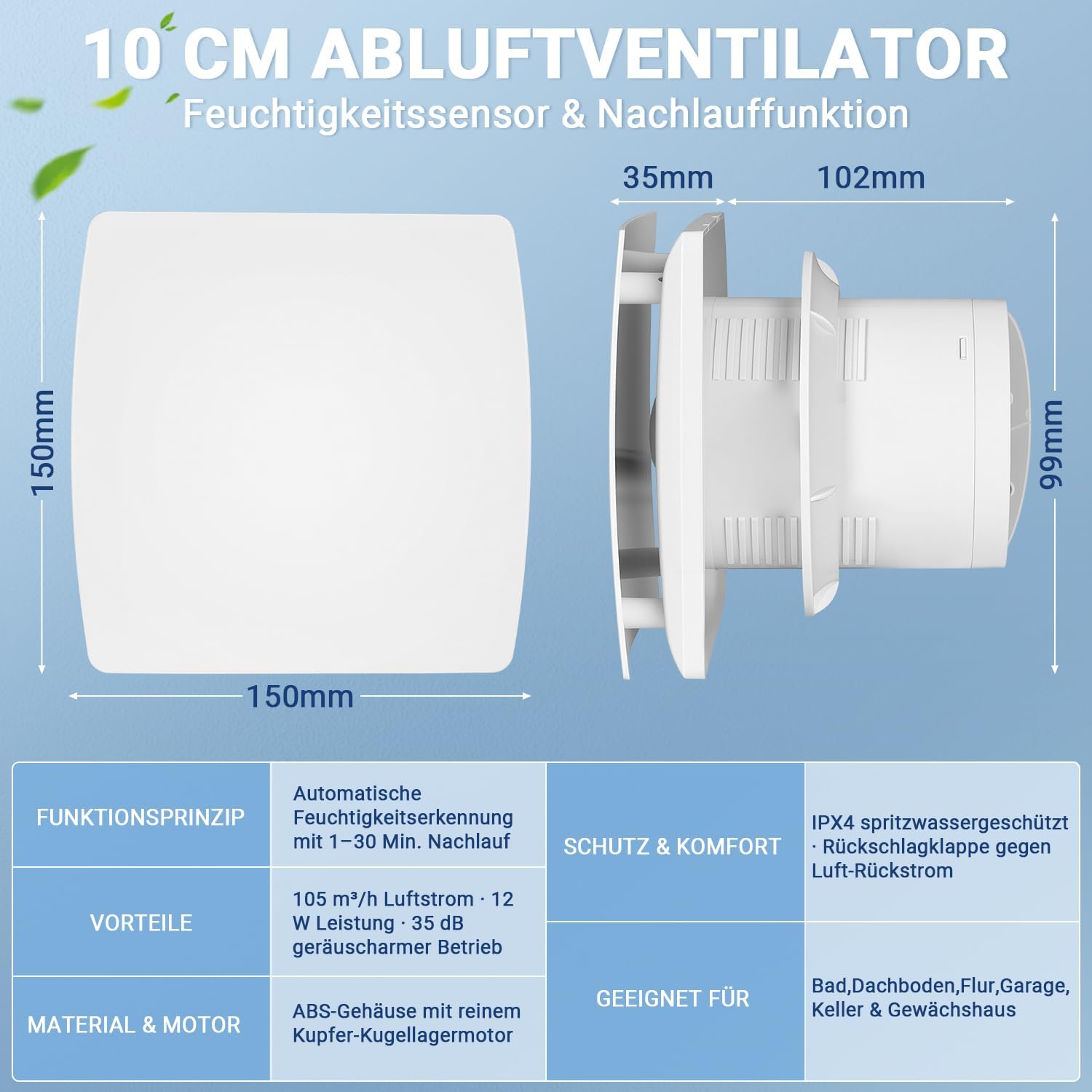 100/150-mm-Badventilator mit Feuchtigkeitssensor und Zeitschaltuhr, Schutzklasse IPX4, mit Rückschlagventil, 5 m Anschlusskabel, 35 dB, geeignet für Badezimmer, für Wand-, Glas- und Deckenmontage, weiß