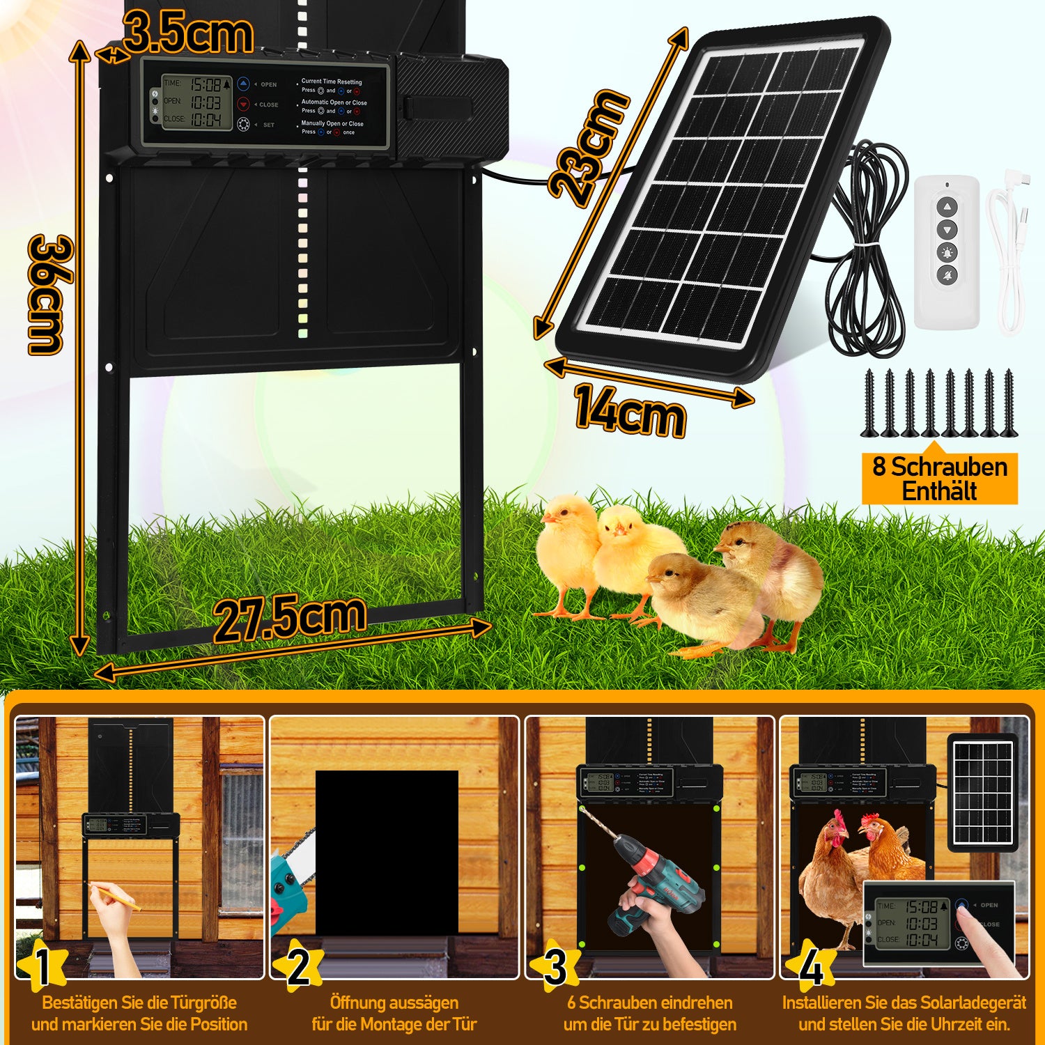Automatisches Solartor für Hühnerställe mit LCD-Display und Fernbedienung | Elektrisches Hühnerstalltore mit Zeitschaltuhr, Hindernis-Stopp-Alarm, USB-C-Anschluss und Schutzklasse IPX4, geeignet für Hühnerställe, mit Einklemmschutz
