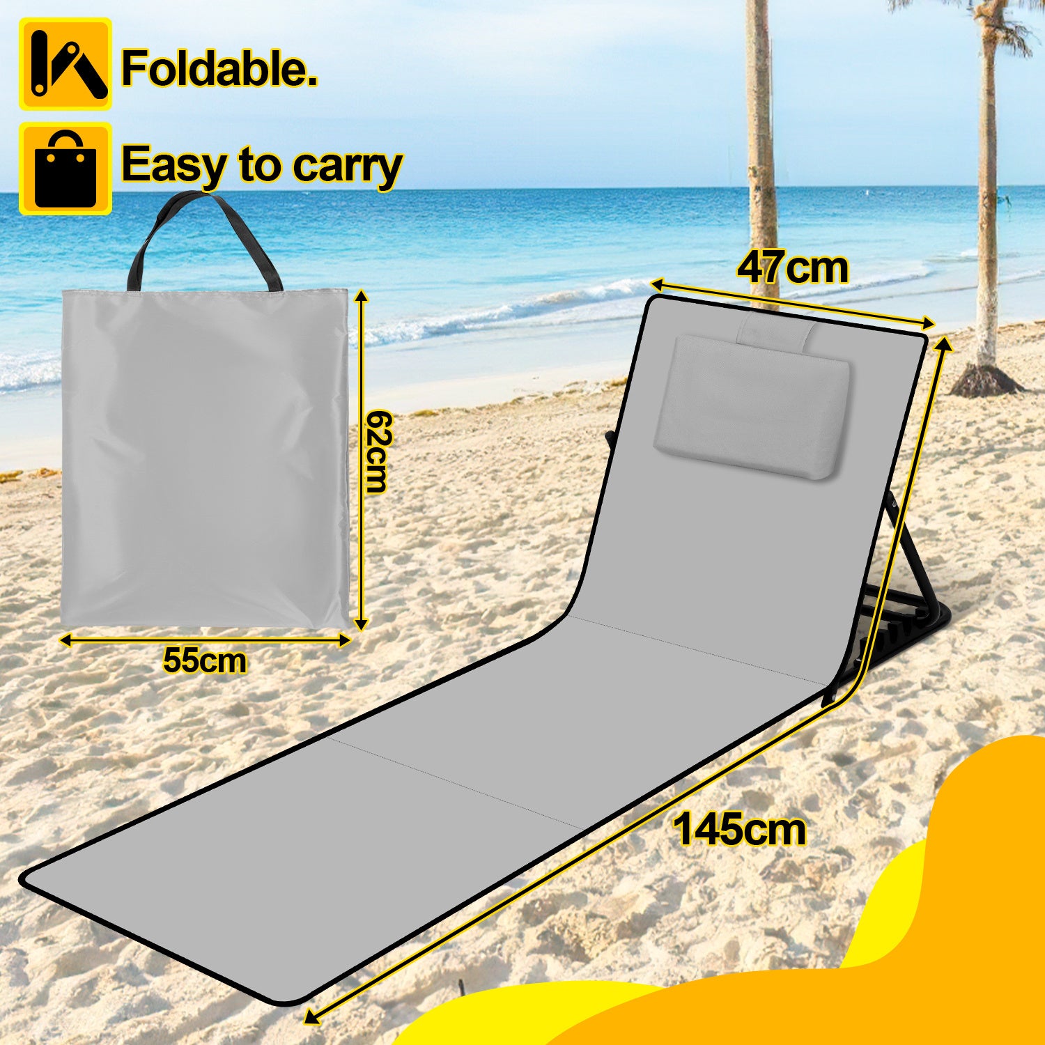 145CM Strandliege Sonnenliege Strandmatte, klappbar Strandmatte tragbar zusammenklappbar Outdoorliege,5-stufig verstellbar inklusive Tragetasche