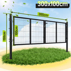 Doppelflügeltore, 300x100cm/350x100cm Metall Gartentor, Gartenzaun Zaun inkl. Griff, Schloss und 3 Schlüsseln, Robust Gartentür für Zauntür, Hoftor, Zauntor, Quadratrohr, Grün/Anthrazit