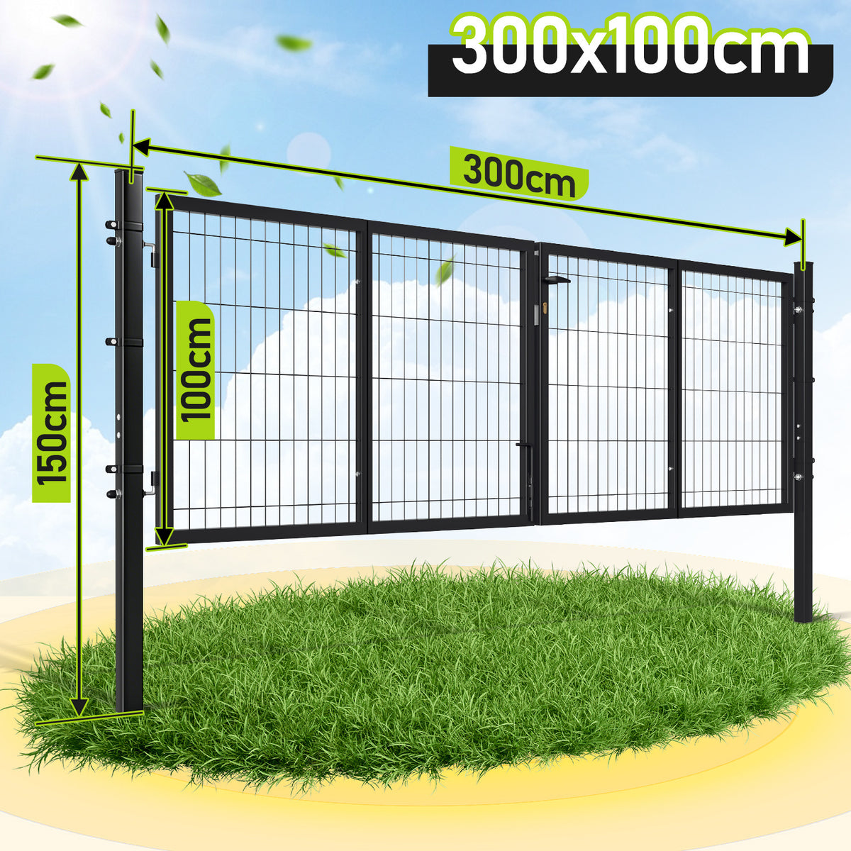 Doppelflügeltore, 300x100cm/350x100cm Metall Gartentor, Gartenzaun Zaun inkl. Griff, Schloss und 3 Schlüsseln, Robust Gartentür für Zauntür, Hoftor, Zauntor, Quadratrohr, Grün/Anthrazit