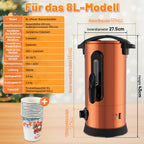 Glühweinkocher 8L / 1500W, Einkochautomat aus Edelstahl Glühweinkessel Glühweinautomat Heißgetränkeautomat Temperatur von 30-110°C Heißwasserspender mit 10x Becher Kupfer