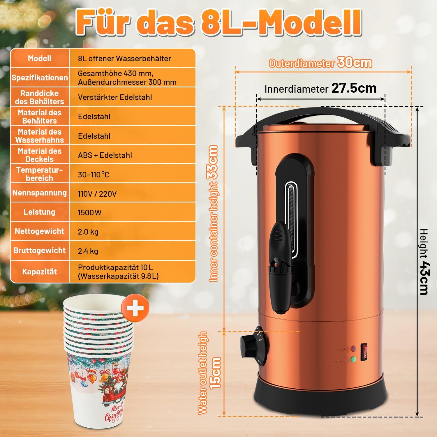 Glühweinkocher 8L / 1500W, Einkochautomat aus Edelstahl Glühweinkessel Glühweinautomat Heißgetränkeautomat Temperatur von 30-110°C Heißwasserspender mit 10x Becher Kupfer