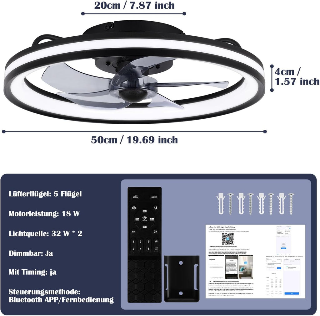 2 in 1 Deckenventilator Mit Beleuchtung und leise, φ50cm Deckenleuchte mit Ventilator, dimmbar, App und Fernbedienung, 6-Gang, Timer, Für Schlafzimmer Wohnzimmer Esszimmer