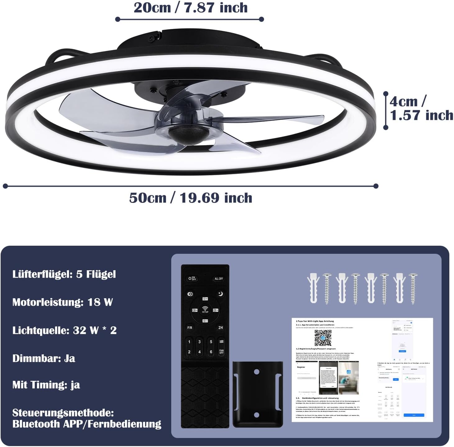 2 in 1 Deckenventilator Mit Beleuchtung und leise, φ50cm Deckenleuchte mit Ventilator, dimmbar, App und Fernbedienung, 6-Gang, Timer, Für Schlafzimmer Wohnzimmer Esszimmer