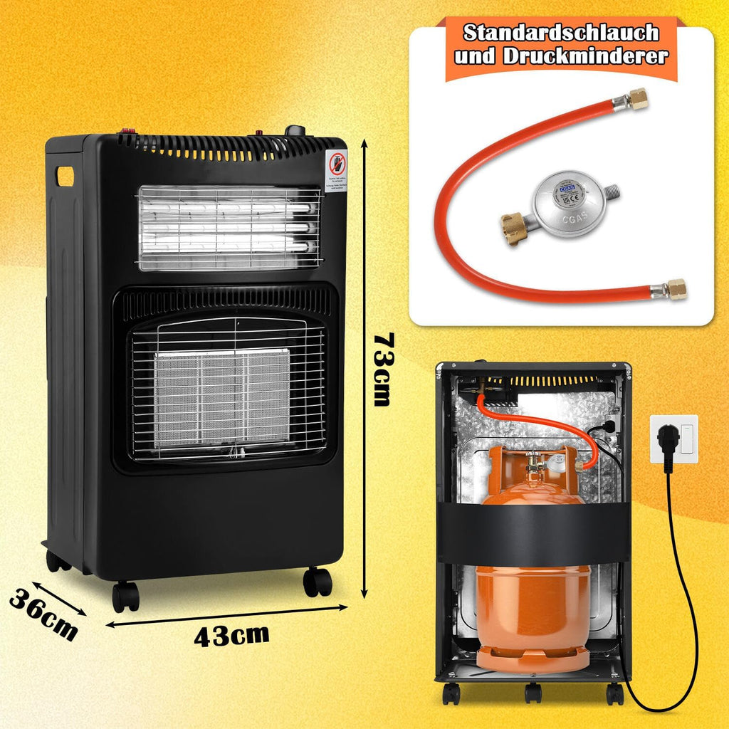 Gasheizer 4200W, Elektroheizung 1260W, Gas Heizstrahler inkl. Gasdruckregler, Gasschlauch, Gasheizofen, Infrarot Keramikbrenner, Butan- oder Propangasflaschen bis 15kg