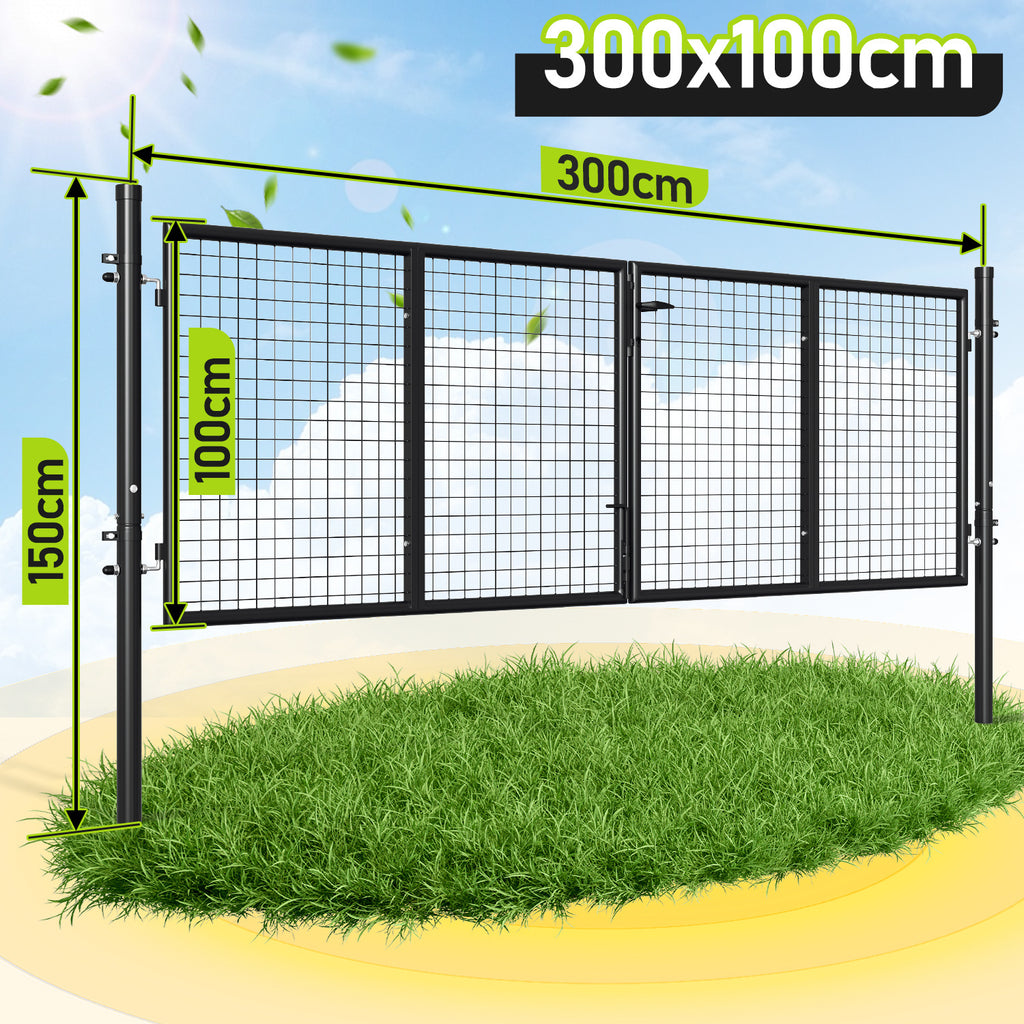 Doppelflügeltore, 300x100cm/350x100cm Metall Gartentor, Gartenzaun Zaun inkl. Griff, Schloss und 3 Schlüsseln, Robust Gartentür für Zauntür, Hoftor, Zauntor, Rundrohr, Grün/Anthrazit