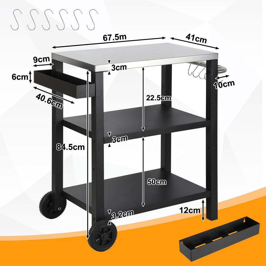 Grillbeistelltisch | Outdoor-Grilltisch mit Verstellbarer Ablage, Gewürzregal und 6X Haken, mobiler Grillwagen mit 2 Rollen, Küchenwagen für Grill und Pizza, 84x67x41cm