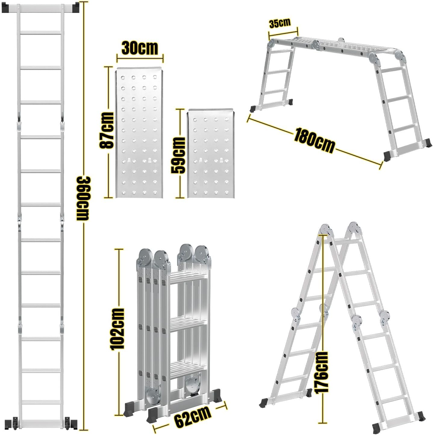 Multifunktionsleiter aus Aluminiumlegierung, Multifunktionsleiter mit Plattform, Leiter mit 2 Gerüstbrettern, Trittleiter mit einer Tragkraft von 150 kg, silberfarben, wahlweise mit 4x3/4×4 oder 4×5 Sprossen.