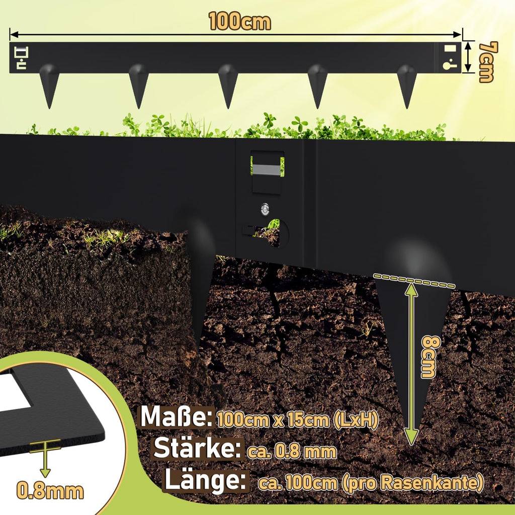 Rasenkante mit Dornen, 100x15cm Rasenkante Metall Beetumrandung, Beeteinfassung Flexible Verformbar Metall Palisade für Garten Bauernhof, Silber/Schwarz