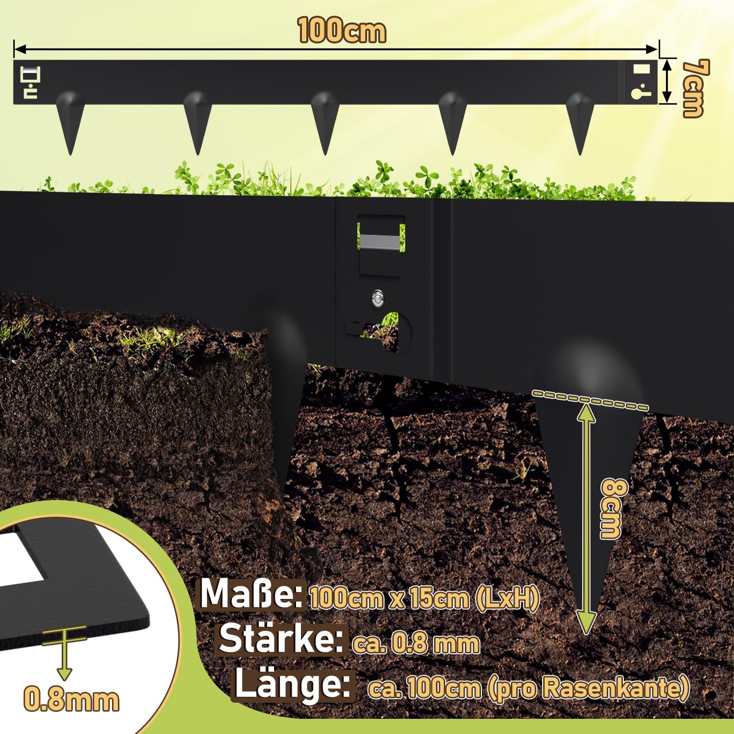 Rasenkante mit Dornen, 100x15cm Rasenkante Metall Beetumrandung, Beeteinfassung Flexible Verformbar Metall Palisade für Garten Bauernhof, Silber/Schwarz