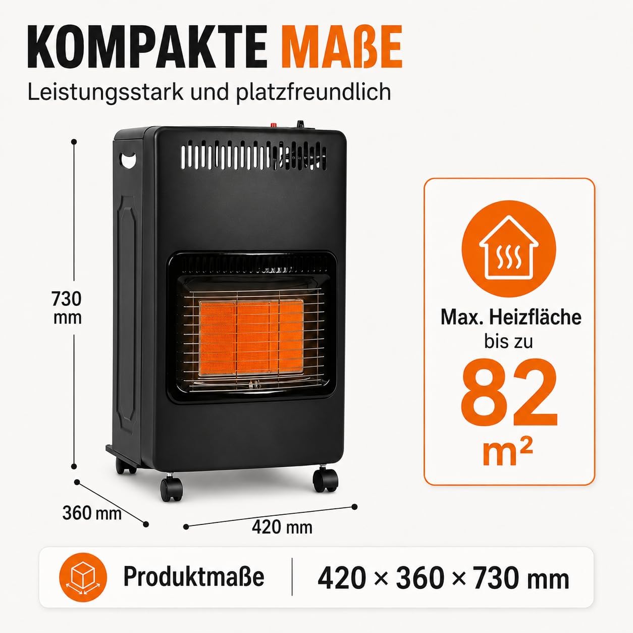 Gasheizung für Innenräume 4200W, Gasofen, 3 Stufen, Gasschlauch Gasheizer mit 3 Heizstufen, ODS-System, Druckregler und Gasschlauch für Balkon, überdachte Terrasse und belüftete Räume