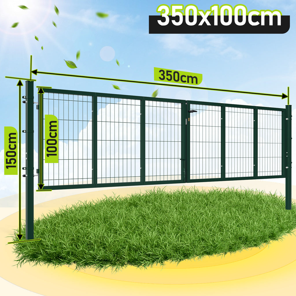 Doppelflügeltore, 300x100cm/350x100cm Metall Gartentor, Gartenzaun Zaun inkl. Griff, Schloss und 3 Schlüsseln, Robust Gartentür für Zauntür, Hoftor, Zauntor, Quadratrohr, Grün/Anthrazit