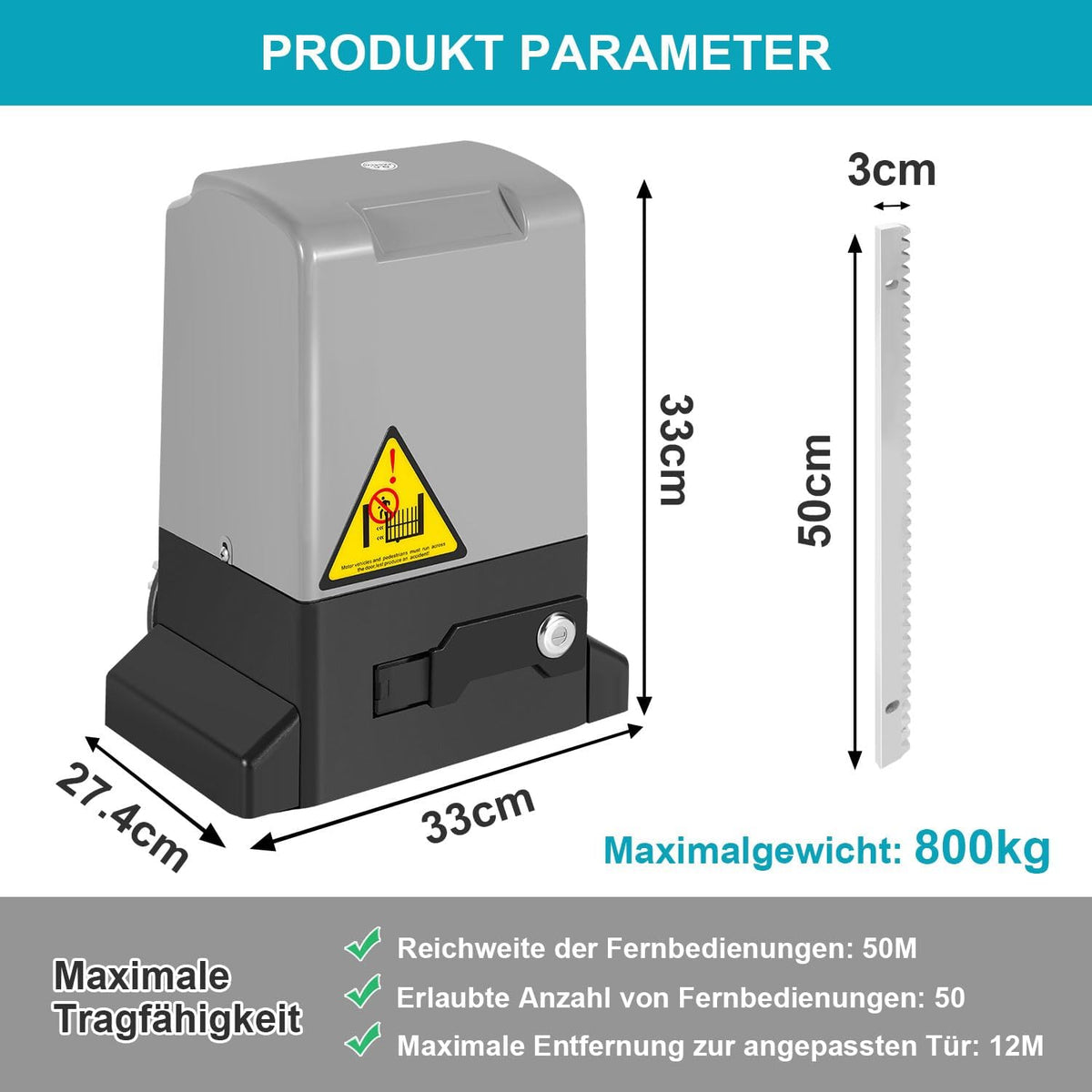 Schiebetorantrieb Set Flügeltorantrieb Torantrieb 12M garagentorantrieb, Automatische Schließfunktion, mit 2 Fernbedienung & Entriegelungsschlüssel, für Innenhof, Weide, Fabrik