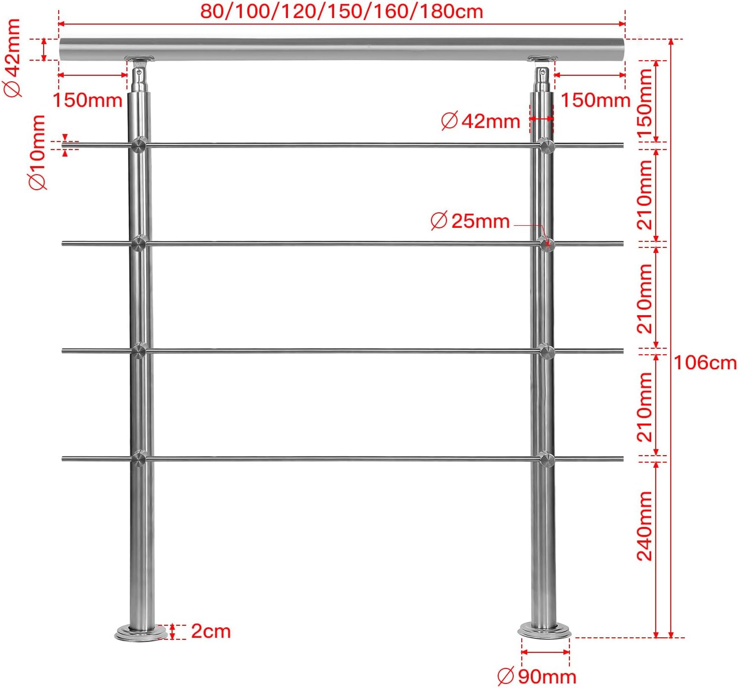 Handlauf Edelstahl 80/100/120/150/160/180 cm, Treppengeländer mit 4 Querstreben | Rostfrei, Wetterfest, Gebürstet, Winkelverstellbar für Innen & Außen und für Treppen, Balkon & Eingang（副本）（副本）