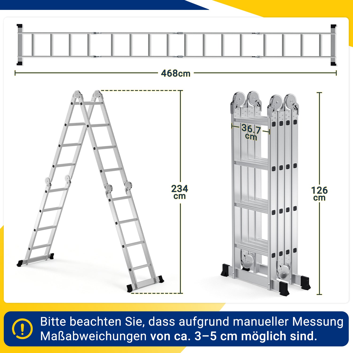 7-in-1-Multifunktionsleiter aus Aluminium, Tragkraft bis zu 150 kg, multifunktional, zusammenklappbar, einsetzbar als Anlehntreppe, Stehleiter und Treppenleiter, geeignet für Haushalt, Garten und Werkstatt, wahlweise mit 4x3, 4x4 oder 4x5 Sprossen.