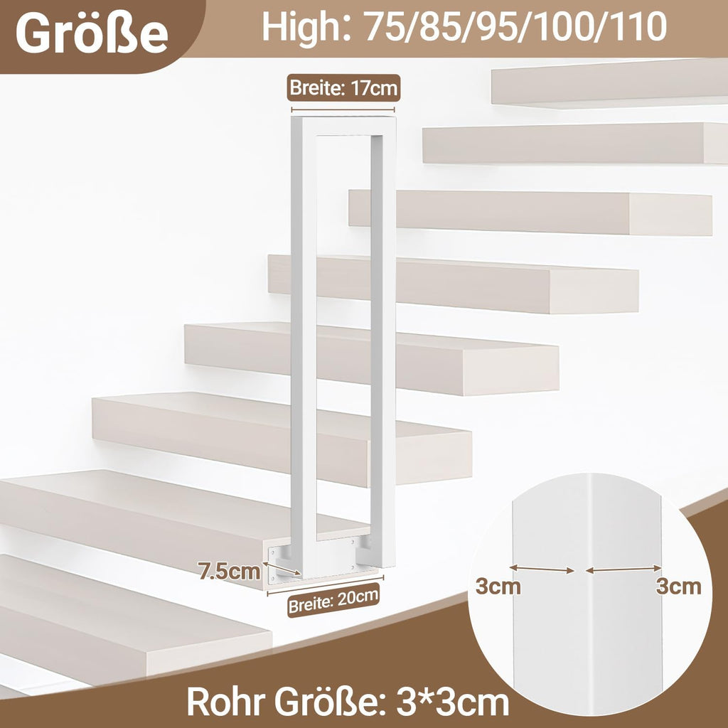Weiß/Schwarz Treppengeländer Innen, 75/85/95/100/110 cm U-förmiger Treppengeländer, Handlauf aus Metall, Geländer aus Vierkantrohr für Lofts, Villen und Wohnungen, Verbundene Grundplatten, Seitenmontage