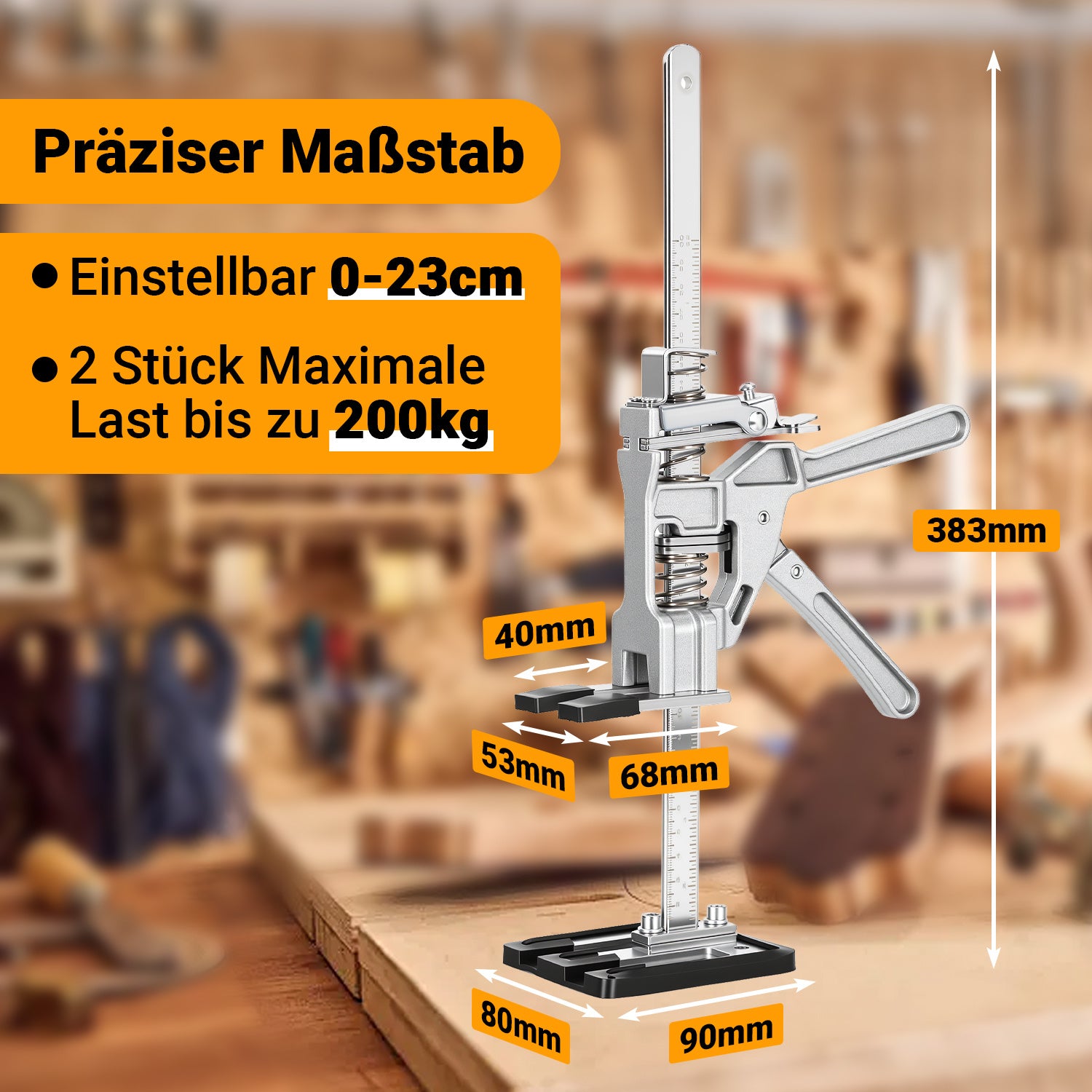 Arbeitssparender Möbelheber 2/4 Stück 38cm bis 200kg Handwerkzeugheber, Armwagenheber mit Skala & Doppelschnelligkeitsabsenkung, Hub 0-230mm, Klemmkopf & rutschfesten Gummipads