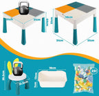 Kindertisch mit 2 Stühlen, 251 Bausteine, höhenverstellbar, 51x51cm doppelseitige Platte, Stauraum innen 10cm, 4 Boxen, rutschfeste Pads, Belastbarkeit 80kg, PP+ABS, Weiß/Blau, ab 2 Jahren