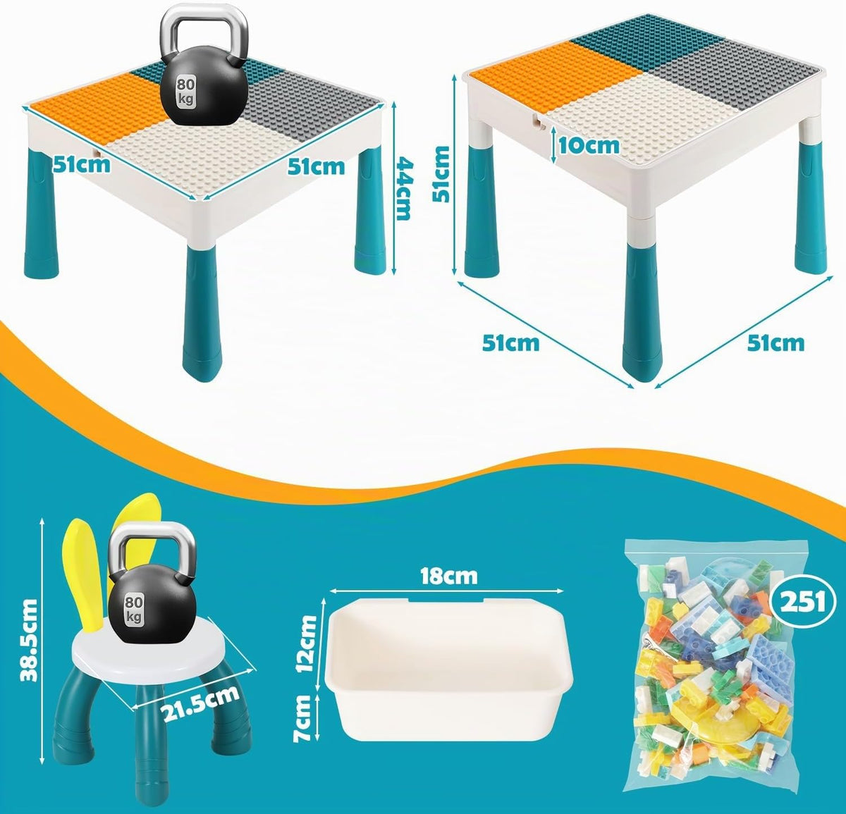Kindertisch mit 2 Stühlen, 251 Bausteine, höhenverstellbar, 51x51cm doppelseitige Platte, Stauraum innen 10cm, 4 Boxen, rutschfeste Pads, Belastbarkeit 80kg, PP+ABS, Weiß/Blau, ab 2 Jahren