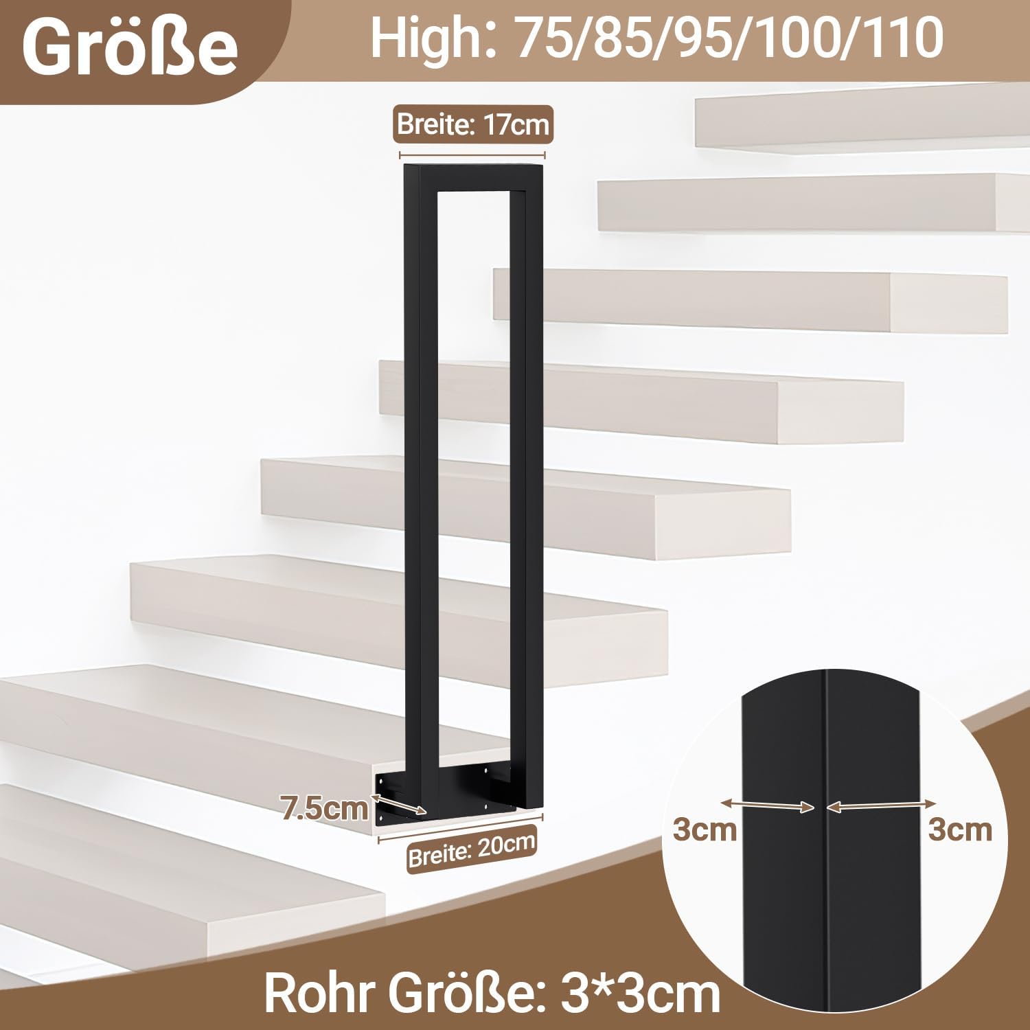 Weiß/Schwarz Treppengeländer Innen, 75/85/95/100/110 cm U-förmiger Treppengeländer, Handlauf aus Metall, Geländer aus Vierkantrohr für Lofts, Villen und Wohnungen, Verbundene Grundplatten, Seitenmontage