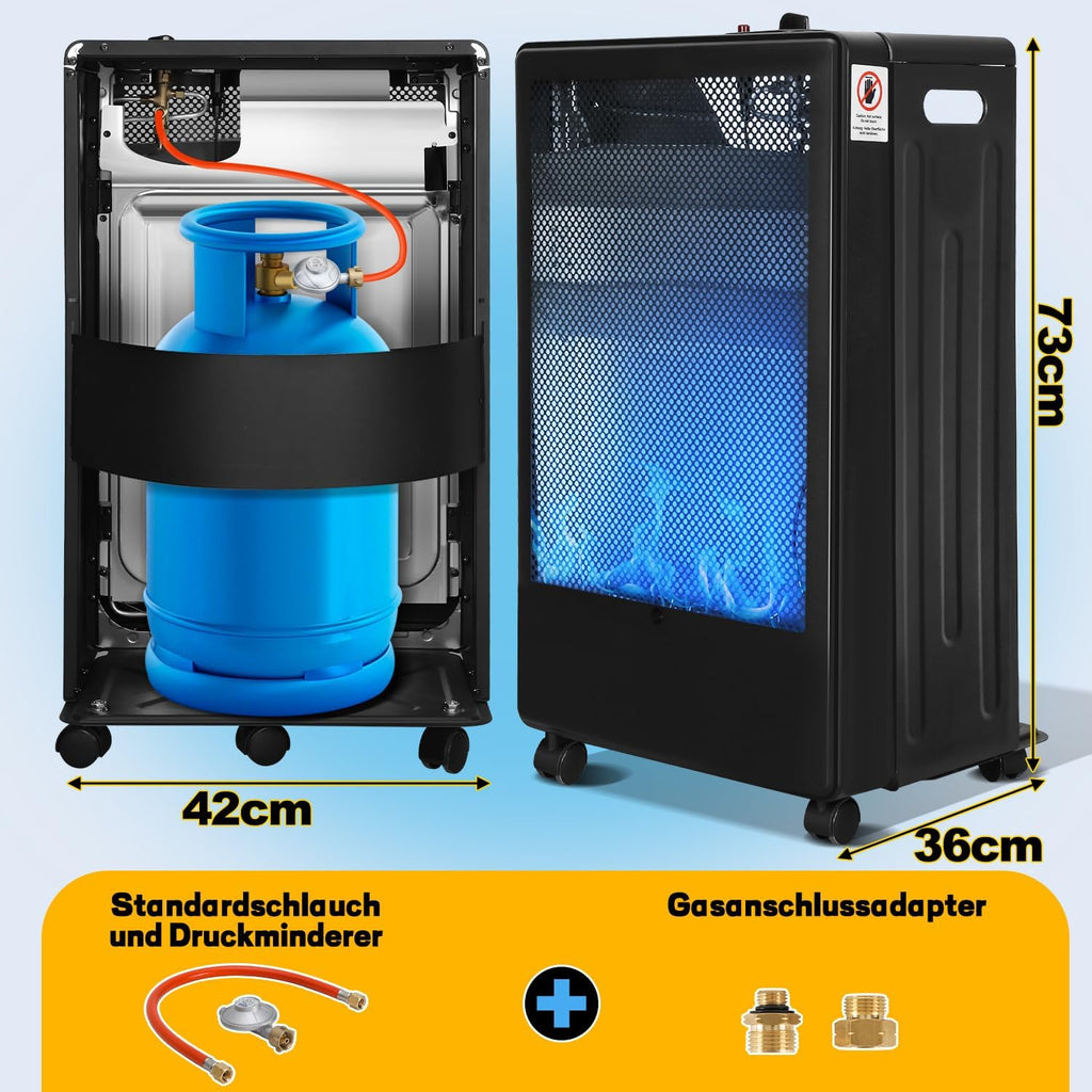 Gasheizung für Innenräume 3800W, Gasofen, 2 Stufen, 2 EU-Adapter Gasheizer mit 2 Heizstufen, ODS-System, 2 EU-Adaptern und 5 Rollen für Balkon, überdachte Terrasse und belüftete Räume