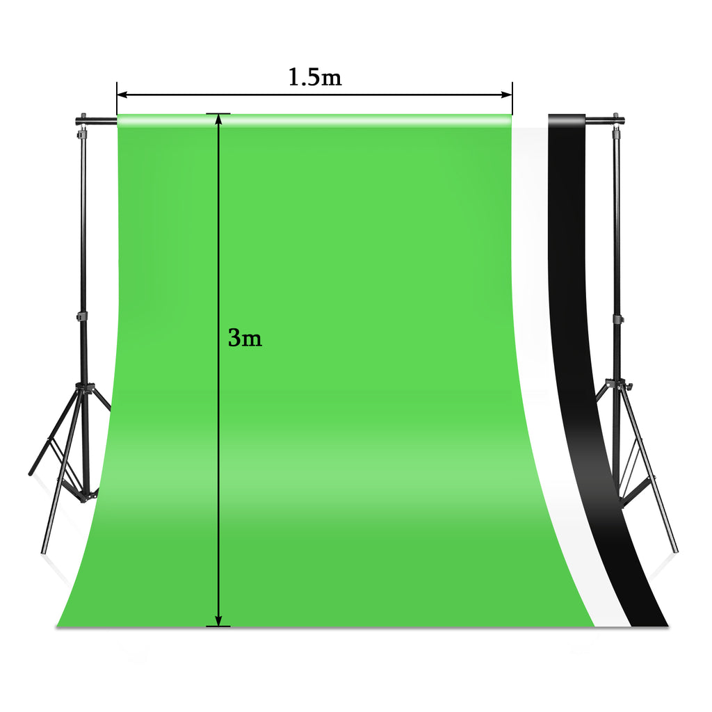 Hintergrund Ständer, 2x3M Hintergrundsysteme mit 3 Hintergrundstoffe (Grün/Weiß/Schwarz), Fotostudio Hintergrundsystem für Green Screen, Portrait und Videoaufnahme
