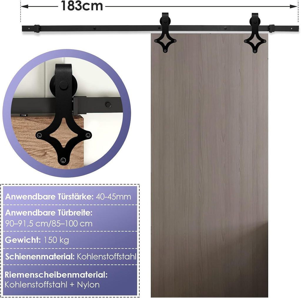 Schwarze Beschläge für Schiebetüren, Beschläge für Schiebetüren im Rautenmuster, Schienen für Schiebetüren, geräuscharmer Lauf, erhältlich in den Längen 183 cm und 200 cm (Türen sind nicht im Lieferumfang enthalten)