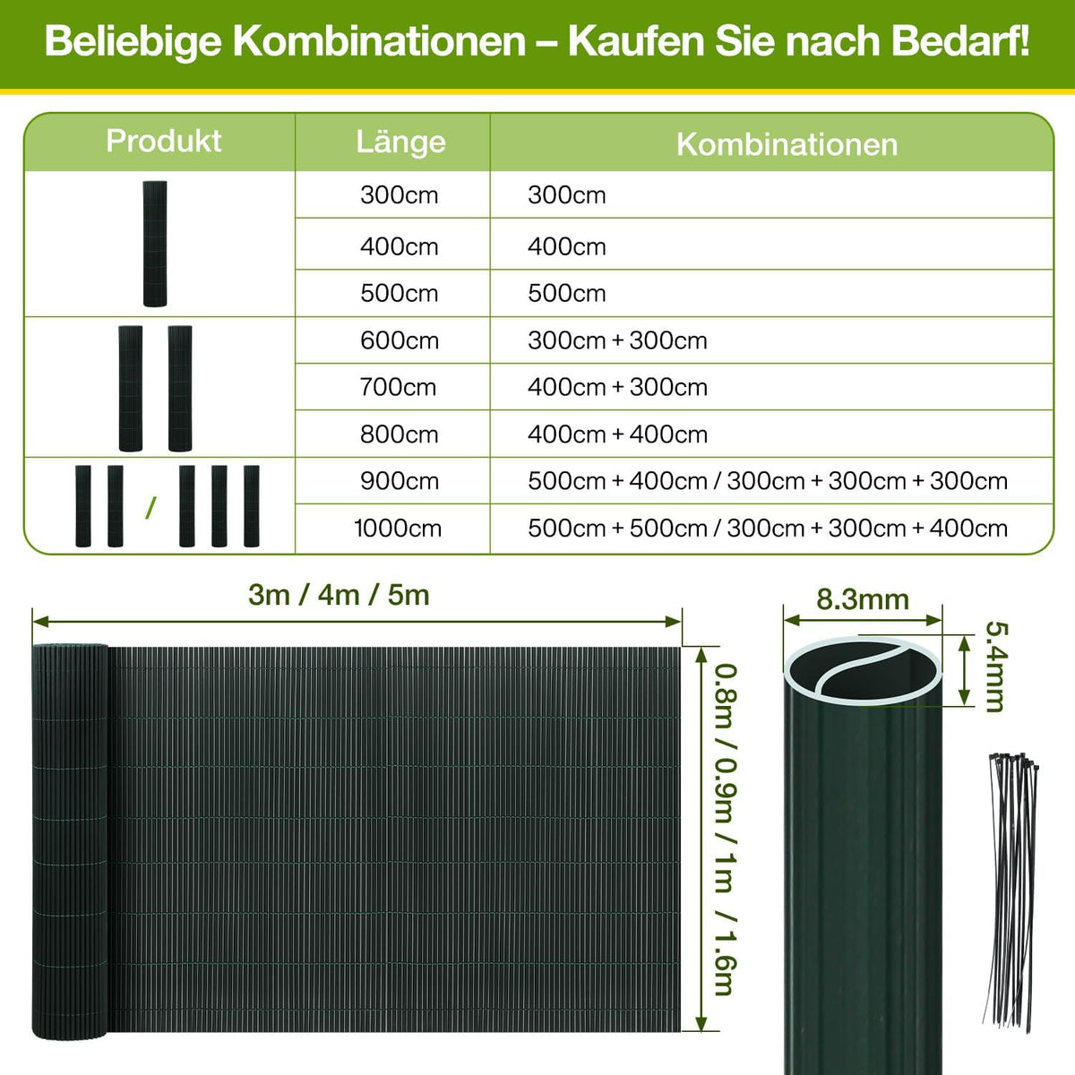 PVC Sichtschutzmatte Balkon Grün – Rundrohr mit Verstärkungsstreifen, Balkon Sichtschutz ohne Bohren, Windschutz & Sichtschutz für Gartenzaun, Terrasse & Geländer