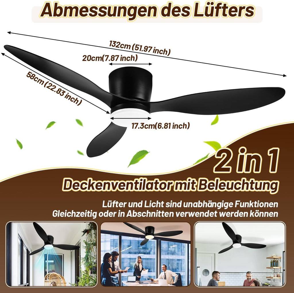 Deckenventilator mit Beleuchtung und Fernbedienung, Ø 132 cm Deckenlampe mit Ventilator dimmbar, 3 Farbtemperaturen und 6 Stufen, Sommer-/Winterfunktion, mit Timer, Schwarz