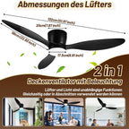 Deckenventilator mit Beleuchtung und Fernbedienung, Ø 132 cm Deckenlampe mit Ventilator dimmbar, 3 Farbtemperaturen und 6 Stufen, Sommer-/Winterfunktion, mit Timer, Schwarz